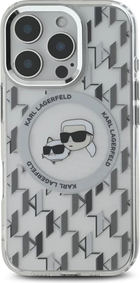 Mbështjellës Karl Lagerfeld IML Monogram Karl & Choupette Head MagSafe për iPhone 16 Pro, Transparent