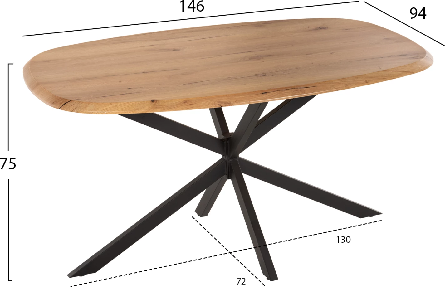 Tavolinë ngrënieje ovale RODDEN, sipërfaqe tavoline Werzalit, ngjyrë druri natyral, bazë metalike e zezë, 146x94x75H cm