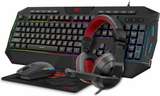 Set gaming 4-në-1 HAVIT Gamenote HV-KB501CM (tastierë USB SLO me LED, maus 6-tasta, mauspad, kufje stereo), e zezë/kuqe