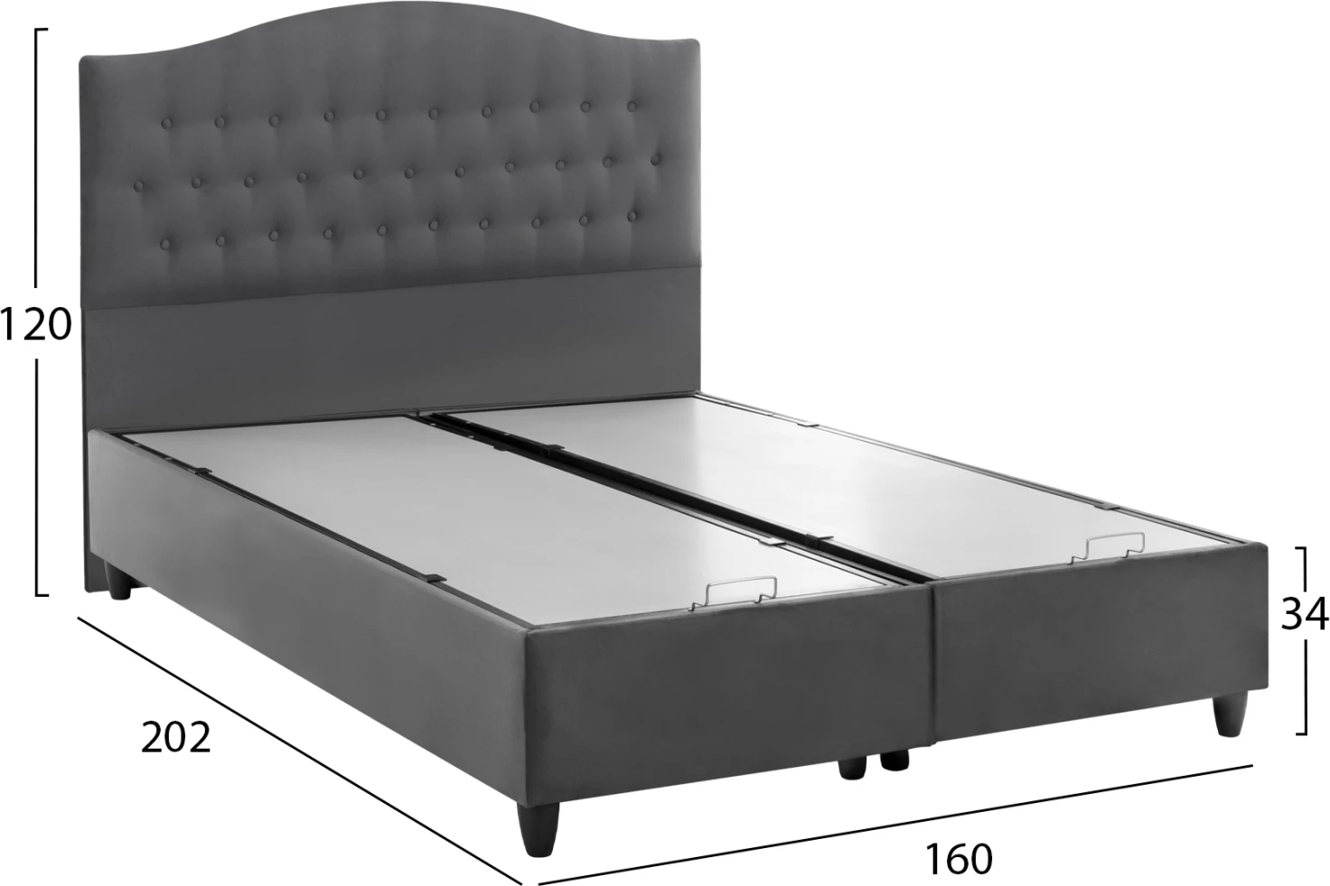 Krevat MALENA, kadife gri, me hapësirë ruajtjeje, i qepur, 160x200