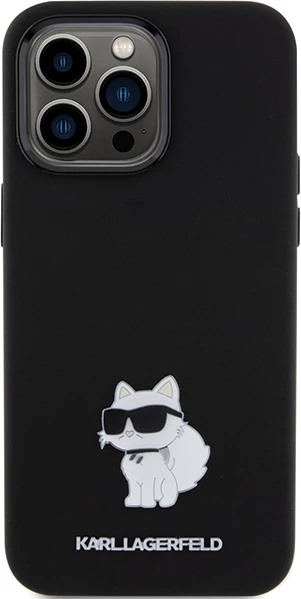 Mbështjellës Karl Lagerfeld Silicone Choupette Metal Pin për iPhone 15 Pro, i zi