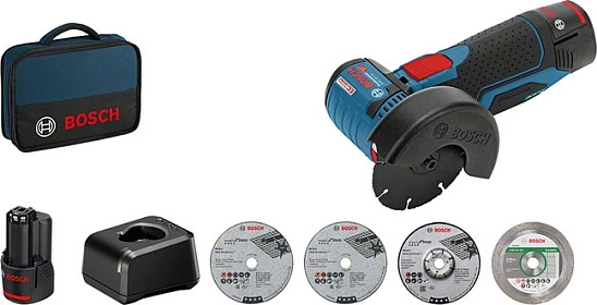 Mini-grinder Bosch GWS 12V-76, 12V, 2Ah, me bateri, zi/blu/kuqe