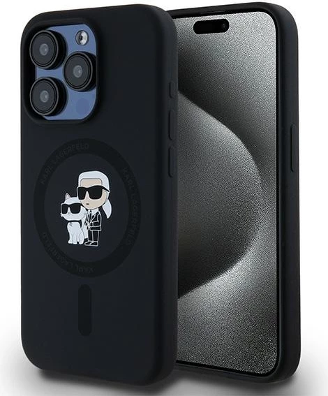 Mbështjellës Karl Lagerfeld Silicone Karl & Choupette MagSafe për iPhone 15 Pro, i zi