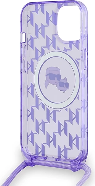 Mbështjellës Karl Lagerfeld IML Crossbody Monogram Karl & Choupette Head MagSafe për iPhone 15/14/13, vjollcë