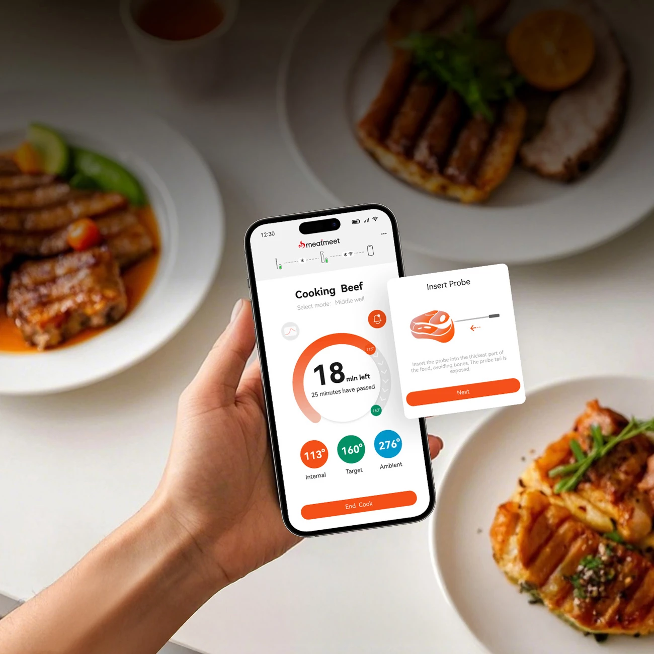 Termometër kuzhine me Bluetooth, Meatmeet S Pro, sondë pa kabllo çelik inox IP69, saktësi ±0.1°C, rreze 120 m, gri