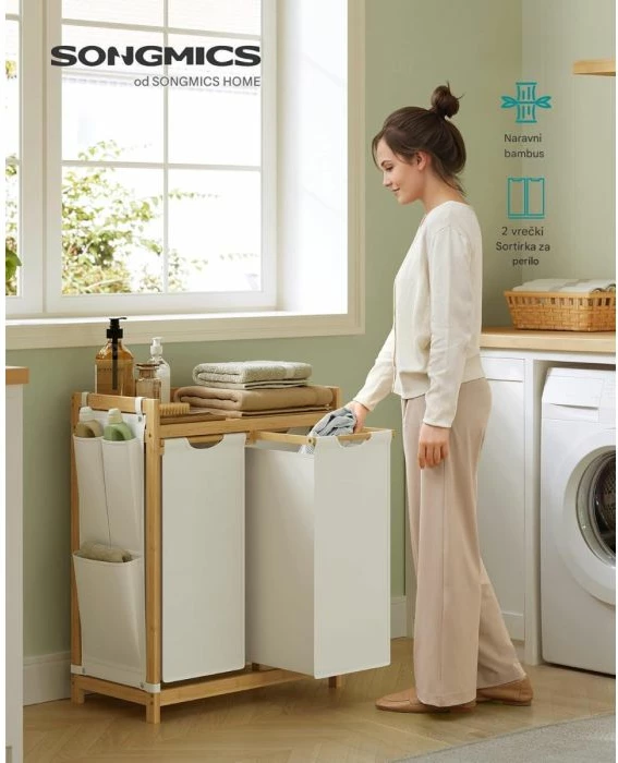 shportë rrobash SONGMICS RLH100W01 100L me 2 ndarje, raft sipër dhe xhepa anësorë, bambu/oxford, 63x33x78 cm, krem e bardhë
