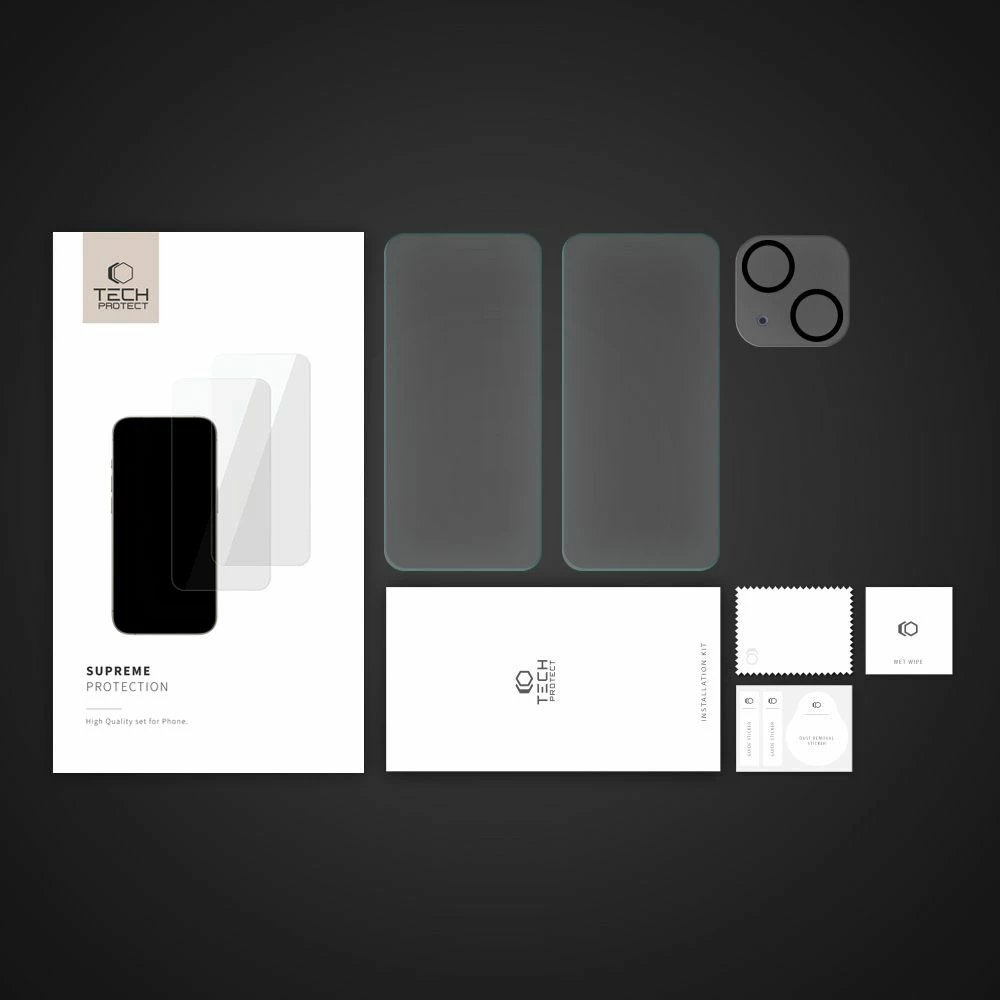 Set mbrojtës Tech-Protect Supreme për iPhone 15, 2x xham i temperuar për ekran / xham i temperuar për kamerë