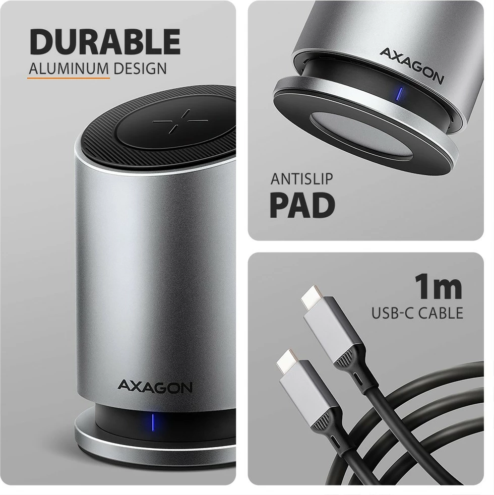 Hub USB-C multiport 9-në-1 AXAGON HMC-WL9 10Gbps 3xUSB-A 1xUSB-C DP 8K/60Hz HDMI 4K/60Hz PD 100W GLAN kabllo USB-C 60 cm karikim wireless 15W gri