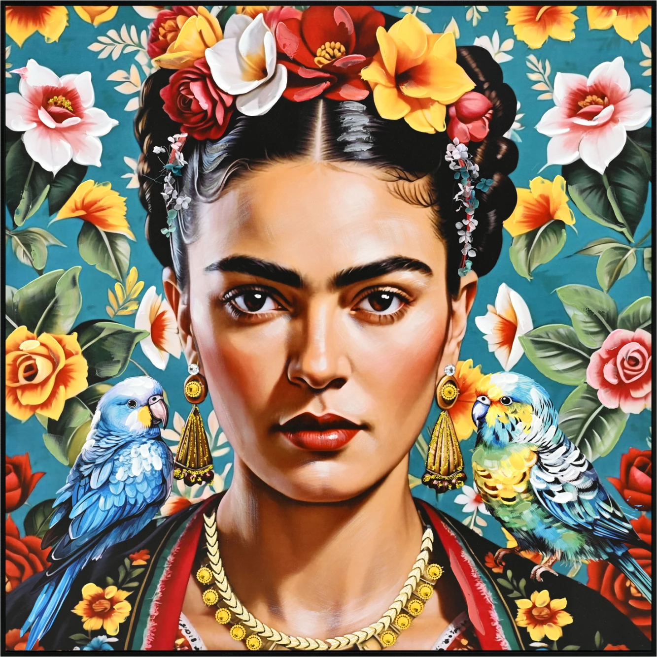 Pikturë muri FH4567, kornizë PS e zezë, kanavacë e printuar, fytyrë gruaje & papagaj, 82x4.5x82 cm