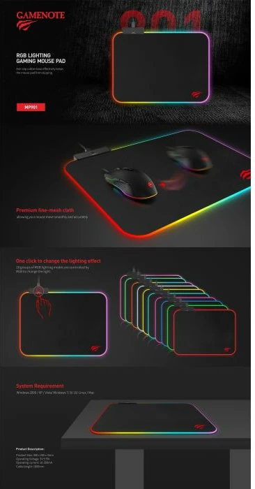 Mauspad HAVIT Gamenote HV-MP901, 363×265×3 mm, RGB LED, kabllo 1.8 m, i zi