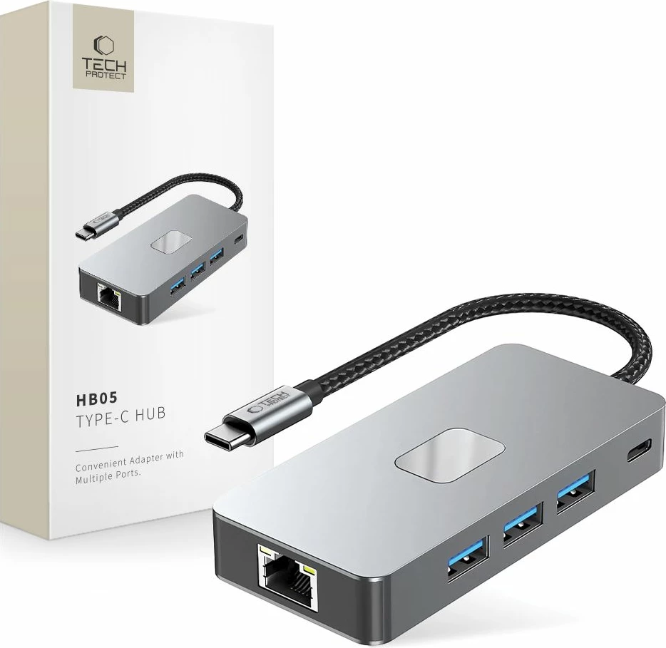 HUB Tech-Protect HB05 9-në-1, USB-C, HDMI 4K, RJ45, SD/TF, Gri
