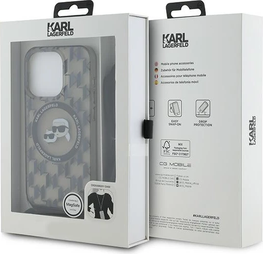 Mbështjellës Karl Lagerfeld IML Crossbody Monogram Karl & Choupette Head MagSafe për iPhone 15 Pro Max, i zi
