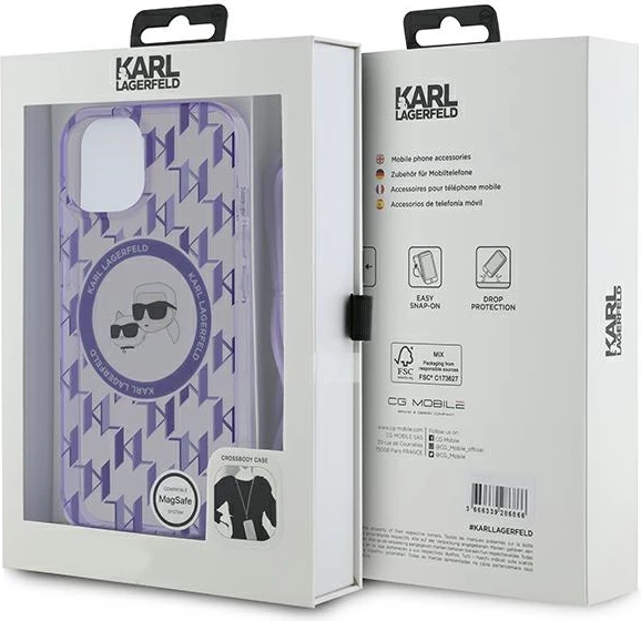 Mbështjellës Karl Lagerfeld IML Crossbody Monogram Karl & Choupette Head MagSafe për iPhone 15/14/13, vjollcë