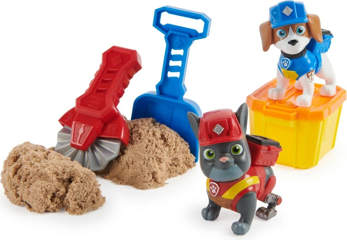 Set figurina Paw Patrol Rubble & Crew, Rubble dhe Mix, me rërë kinetike, 2 vegla ndërtimi