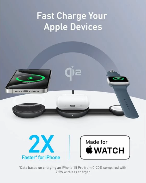 Karikues pa tel 3-në-1 Anker MagGo B25M8H11 Qi2 15W, me adaptor 40W + kabllo USB-C 1.5m, e zezë