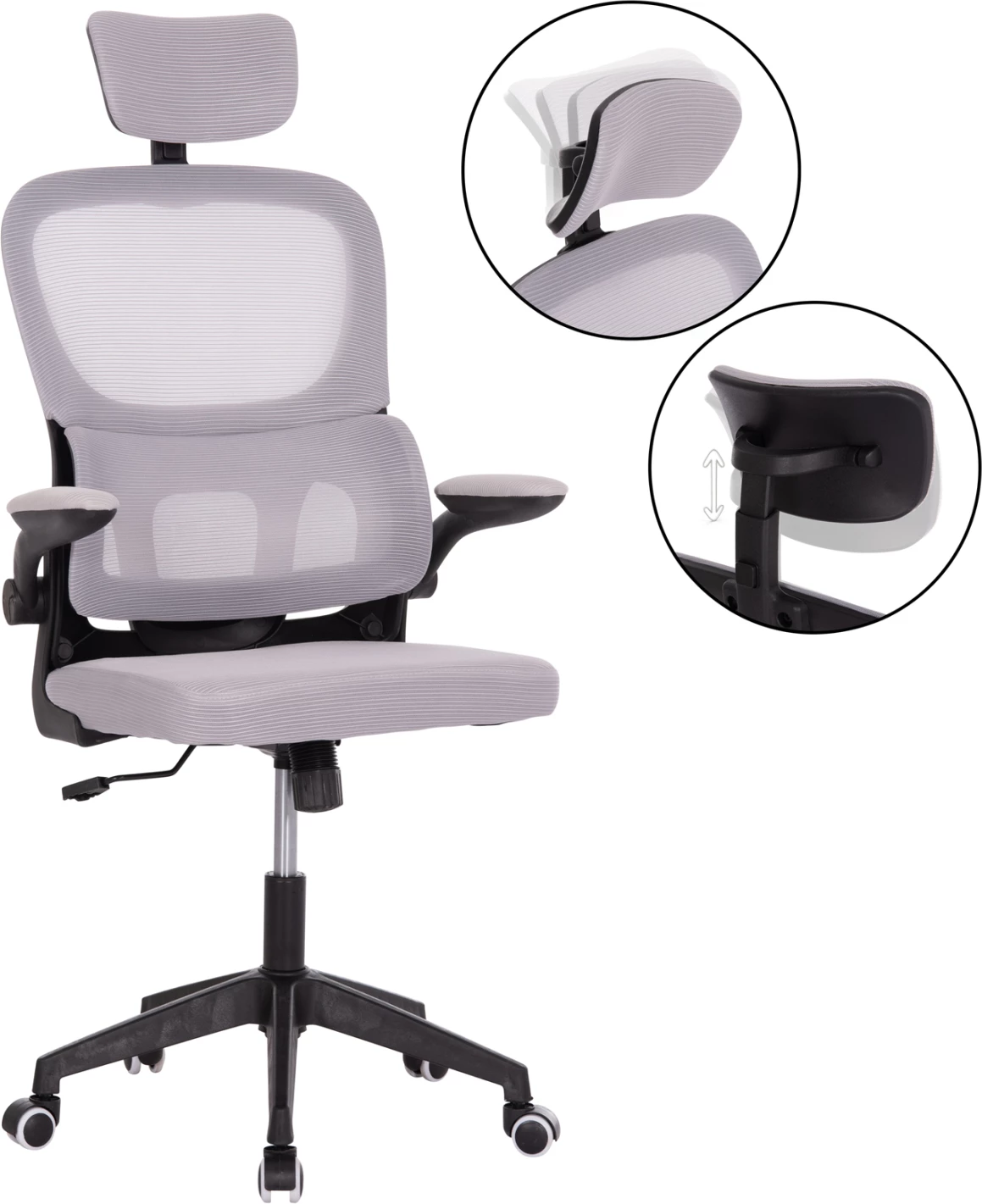 Karrige zyre Baston, material rrjete gri, kornizë PP e zezë, FH18236.02, 64x60x127cm