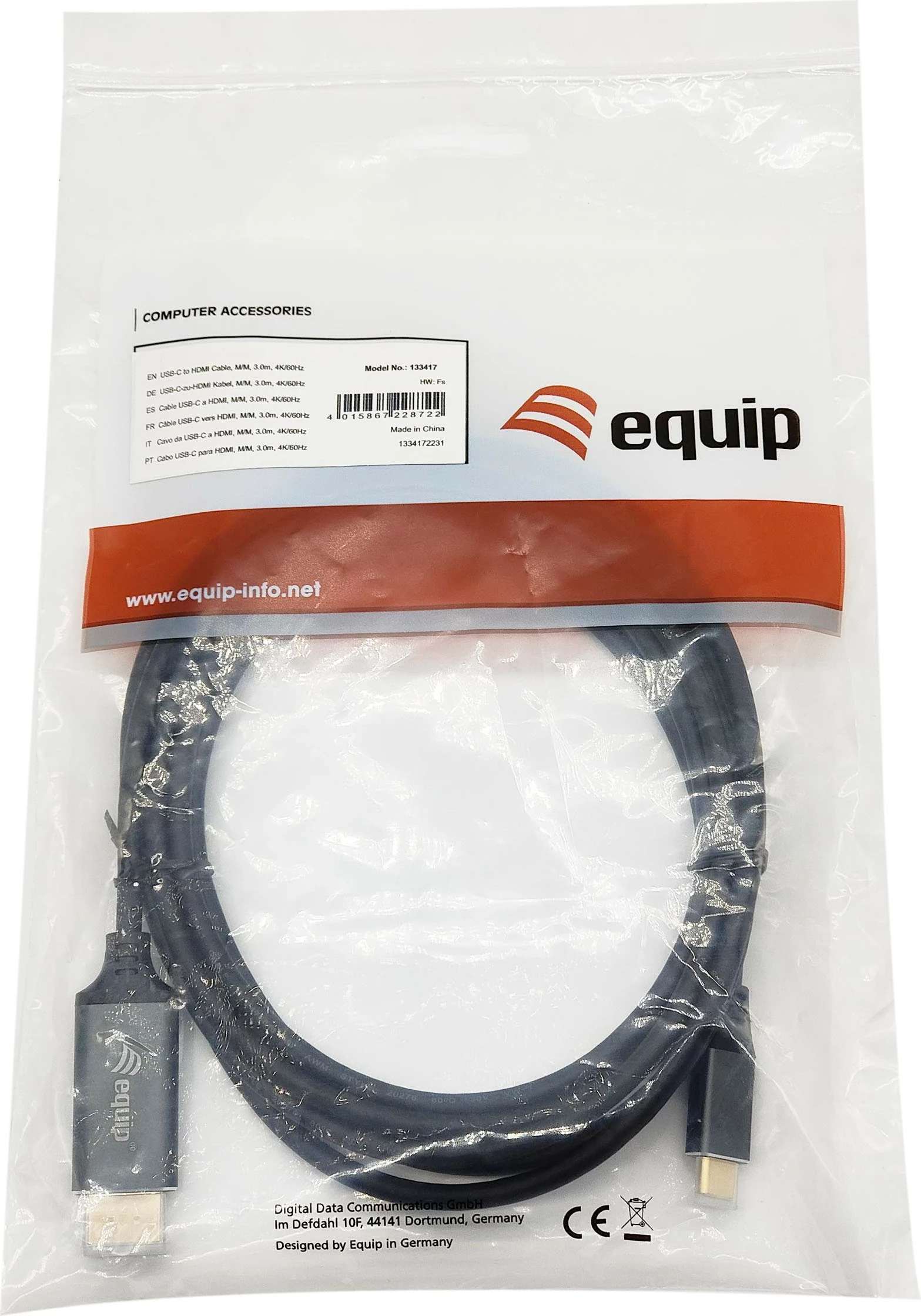 Kabllo USB-C në HDMI Equip 3m, 4K/60Hz, ngjyrë hiri/zezë