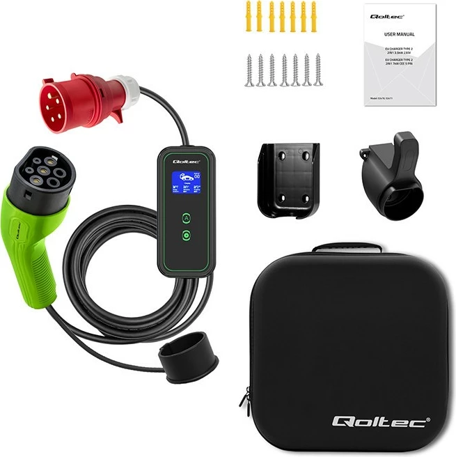 Karikues portativ për vetura elektrike Qoltec 52475, Type 2, 11kW, 5m, i zi/gjelbër