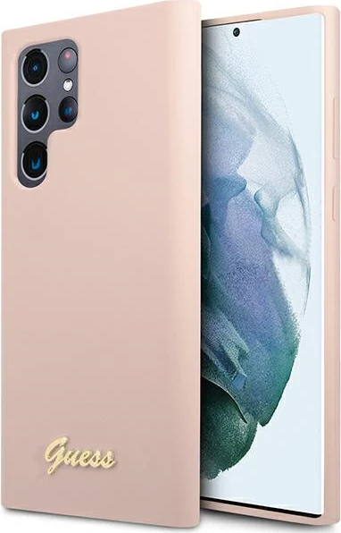 Mbështjellës Guess për Samsung Galaxy S23 Ultra, Silicone Vintage Gold Logo, Rozë