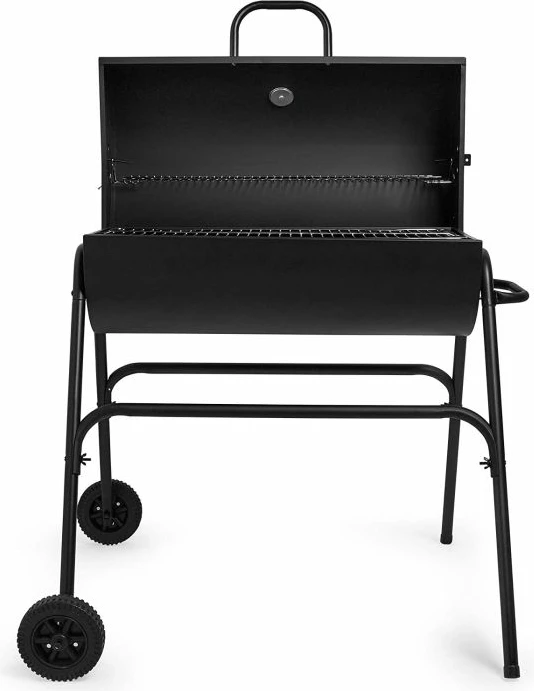 Skare me qymyr VONHAUS Barrel 2500375, me kapak të thellë, termometër, raft ngrohës, me rrota, e zezë