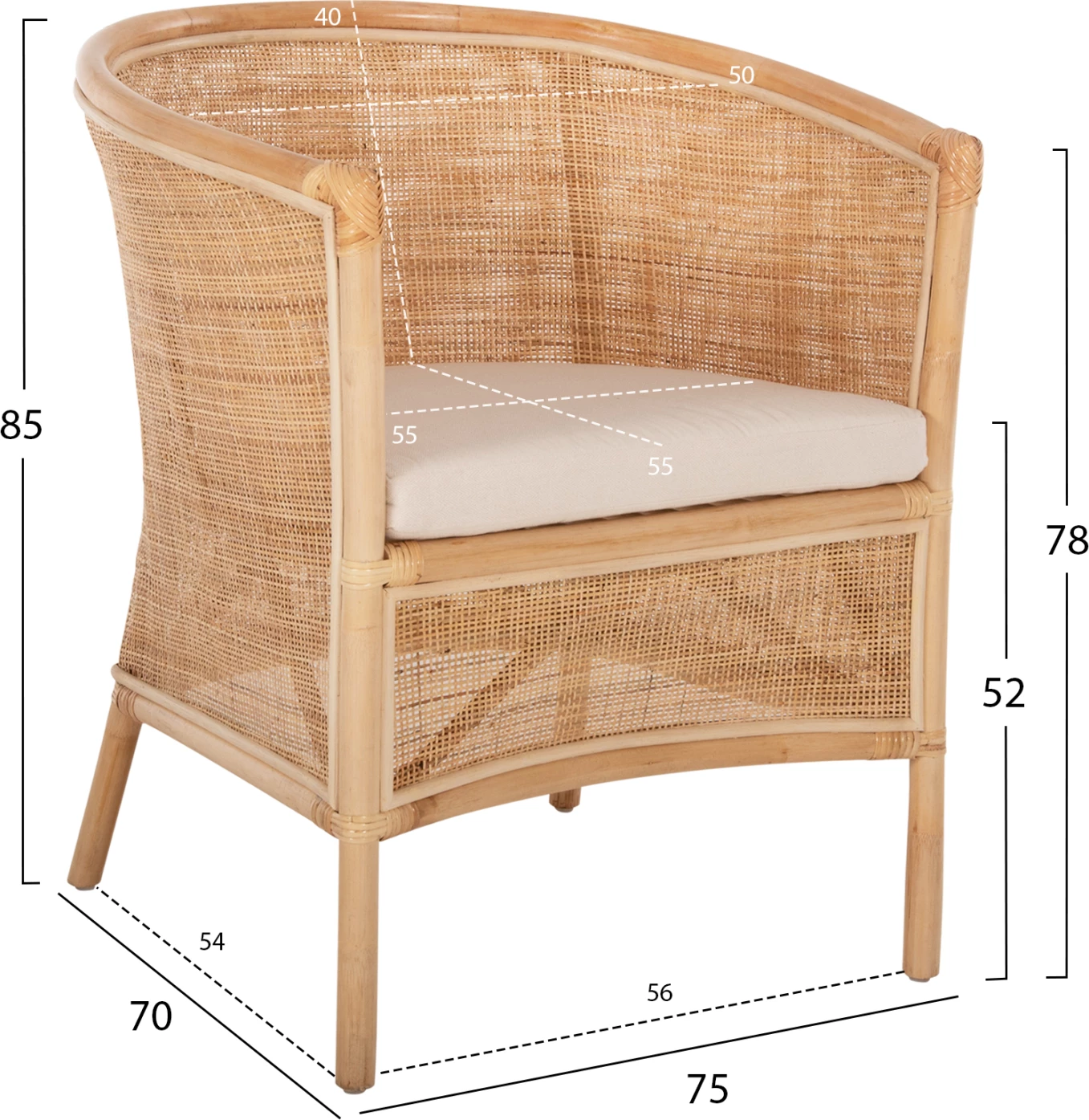 Karrige pa krahë APRON FH9818, ratan i shpuar, ngjyrë natyrale, jastëk i bardhë, 75x70x85H cm