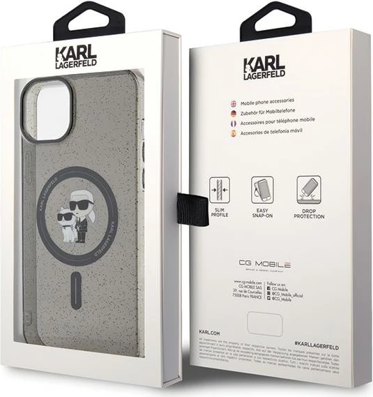Mbështjellës Karl Lagerfeld Karl&Choupette Glitter MagSafe për iPhone 15, i zi