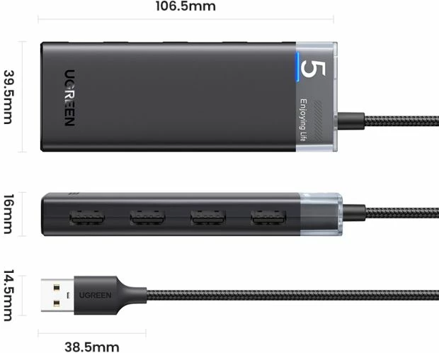 Hub USB, UGREEN, 15548, 4 porta, USB 3.0, 5Gbps, kabllo 20cm, i zi