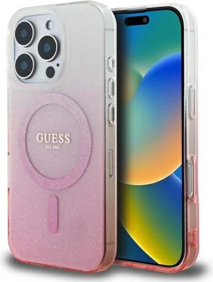 Mbështjellës Guess IML Glitter Gradient MagSafe për iPhone 16 Pro, Rozë
