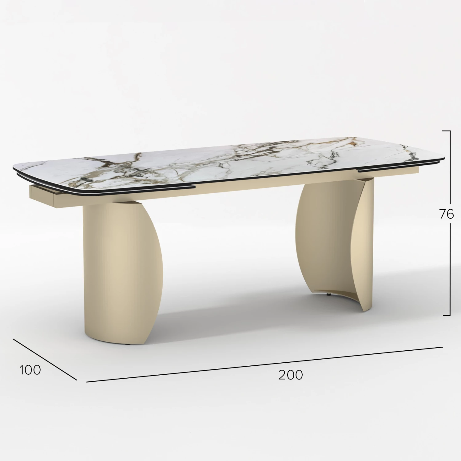 Tavolinë ngrënieje OBSESSION, sipërfaqe qeramike, këmbë metalike ngjyrë shampanje, 200(+50+50)x100x77cm