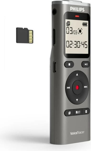 Diktafon Philips VoiceTracer DVT1170 8GB PCM/WAV microSD USB-C 70h, zi/grafit, set me 2x bateri AAA + kabllo USB-C