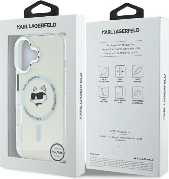 Mbështjellës Karl Lagerfeld IML Metal Choupette Head MagSafe për iPhone 16 Plus, Bardhë