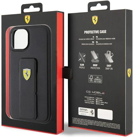 Mbështjellës Ferrari Grip Stand Metal Logo për iPhone 15, i zi
