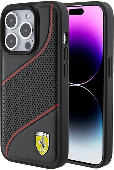 Mbështjellës Ferrari Perforated Waves Metal Logo për iPhone 15 Pro, i zi
