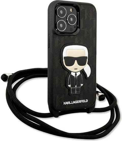 Mbështjellës Karl Lagerfeld Leather Monogram Patch and Cord për iPhone 13 Pro/13, E zezë