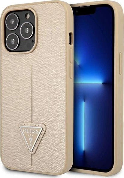 Mbështjellës Guess SaffianoTriangle Logo për iPhone 14 Pro 6.1", Bezhe