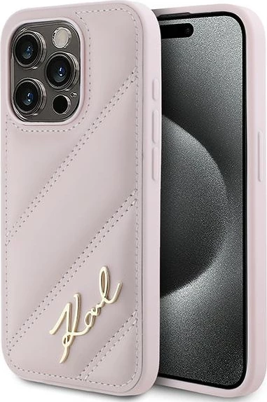 Mbështjellës Karl Lagerfeld Diagonal Quilted Script për iPhone 15 Pro Max, rozë