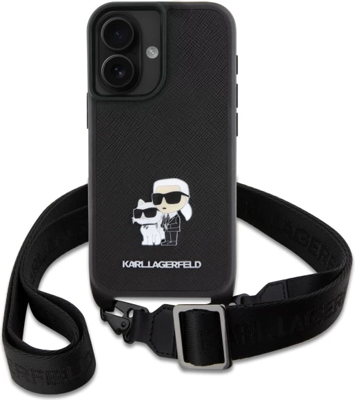 Mbështjellës Karl Lagerfeld Saffiano Karl&Choupette Metal Pin me rrip, për iPhone 16, Zi