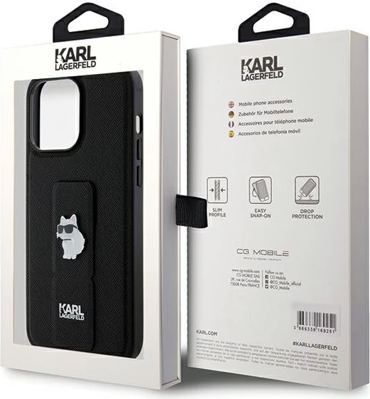 Mbështjellës Karl Lagerfeld Gripstand Saffiano Choupette Pins për iPhone 13 Pro Max, i zi