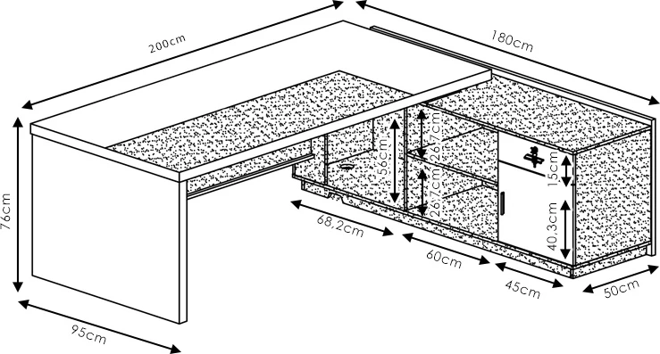 Tavolinë zyre qoshe e majtë Oscar, ngjyrë arre-antracit, 200x180x76cm