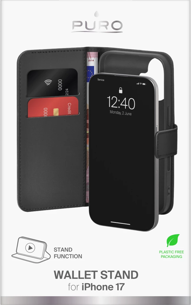 Mbështjellës Puro Wallet Stand për iPhone 17, lëkurë ekologjike, me kapak, portofol dhe mbajtëse, zi