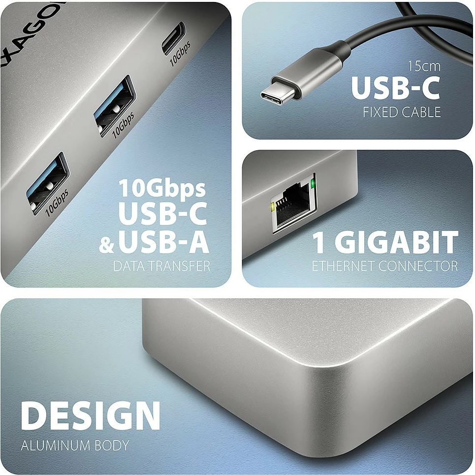 hub USB-C 7-në-1 AXAGON HMC-CUB83X2, 10Gbps, 2x USB-A + 1x USB-C, HDMI 4K/144Hz, DP 8K/30Hz, GLAN, PD 100W, kabllo USB-C 15cm, gri