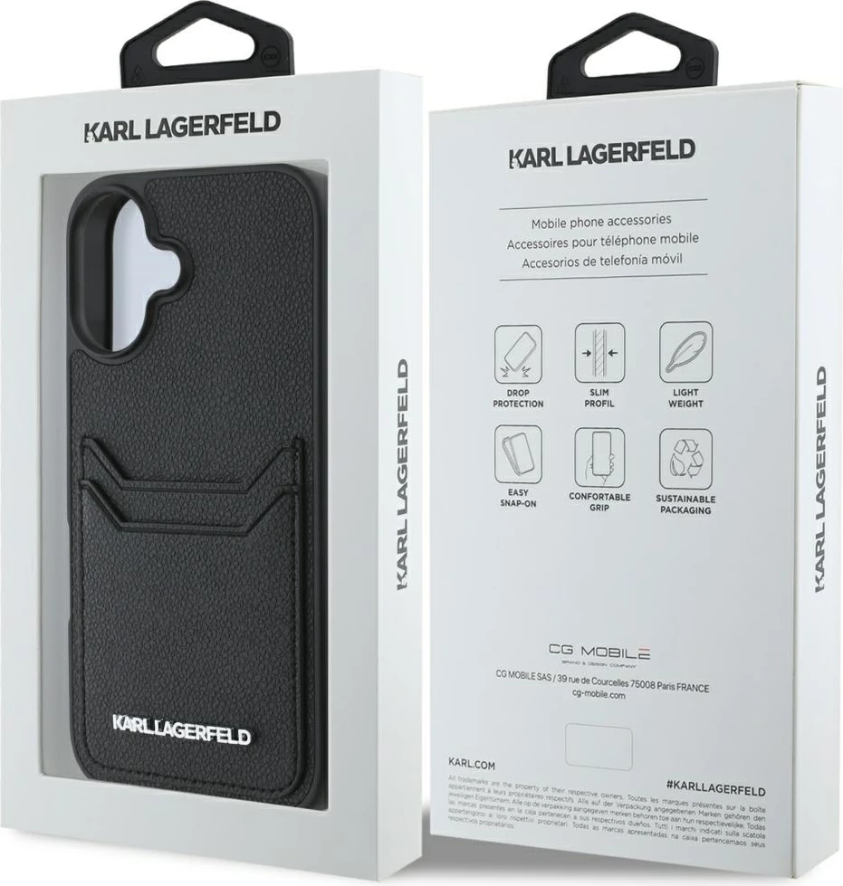 Mbështjellës Karl Lagerfeld HC Grained PU Cardslot Metal Elong për iPhone 16, e zezë