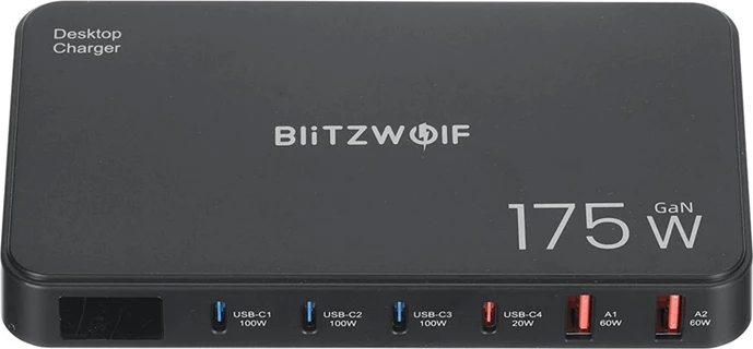 Stacion karikimi Blitzwolf BW-S30, 6-në-1, 4xUSB-C + 2xUSB-A, 175W, i zi
