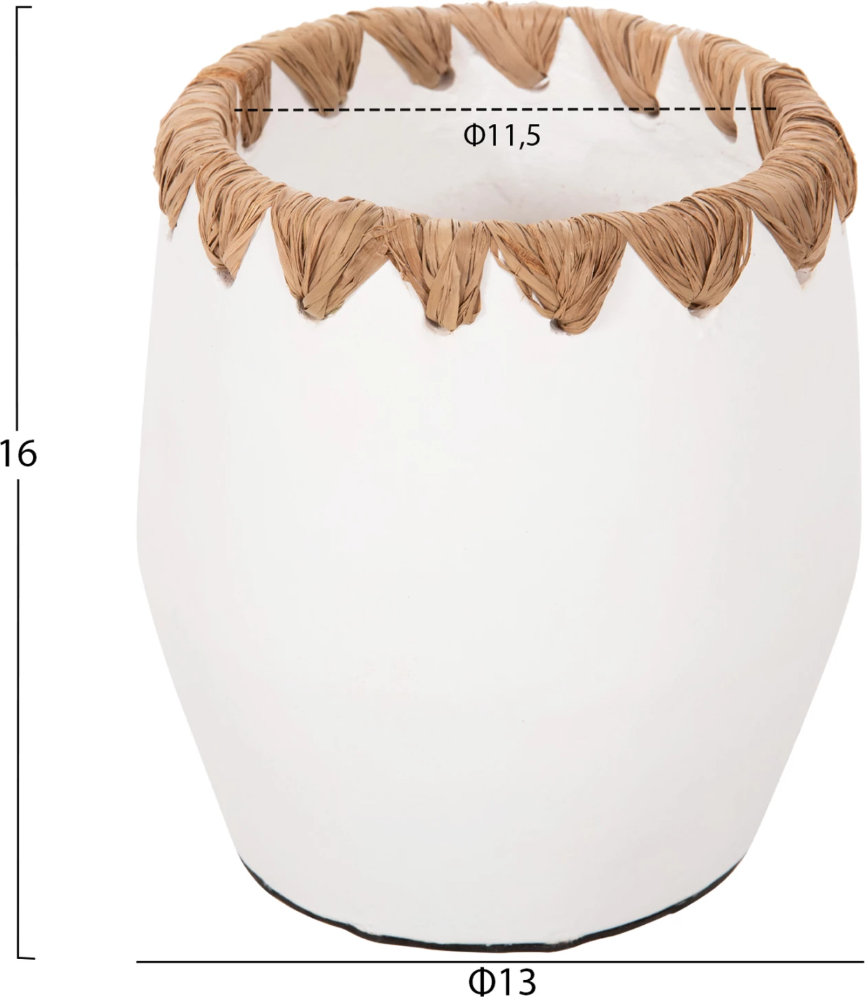 Vazo dekorative FH4369 terrakote, ngjyrë e bardhë, me thurje kashte në buzë, Φ13x16H cm
