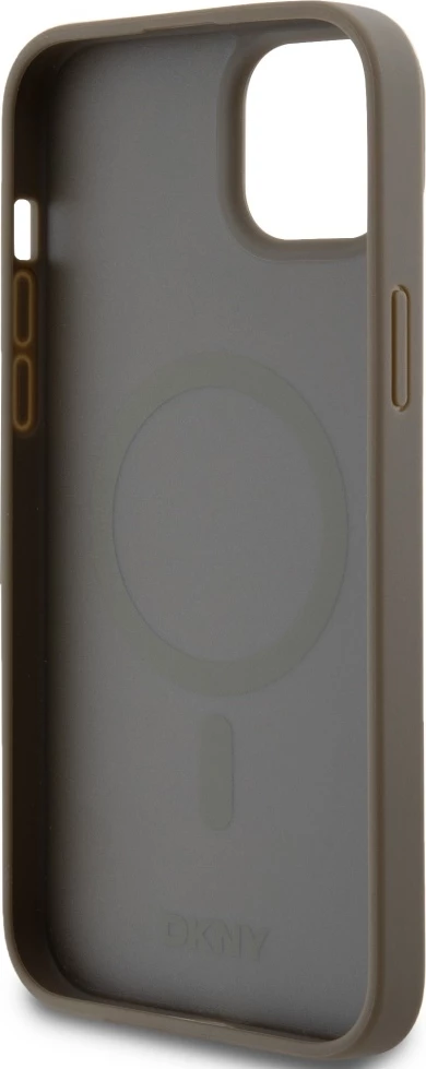 Mbështjellës DKNY Leather Pattern Metal Logo MagSafe për iPhone 15/14/13, Kafe