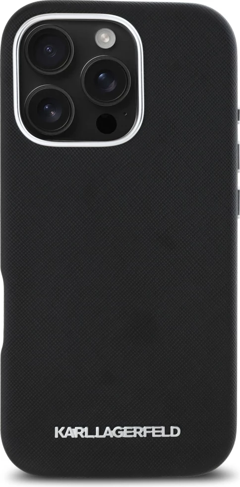 Mbështjellës Karl Lagerfeld Saffiano Full Wrapped Elongated Metal Logo MagSafe për iPhone 16 Pro Max, Zi