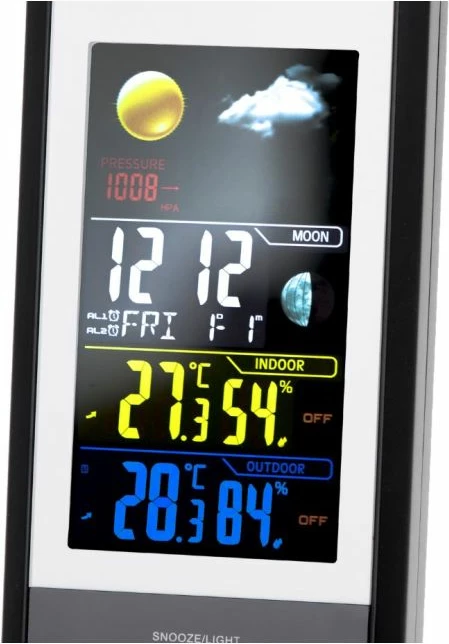 Stacion moti MESKO MS1177, ekran digjital me ngjyra, temperaturë & lagështi brenda/jashtë, parashikim moti, presion atmosferik, zi/argjendtë, set me 1 sensor të jashtëm