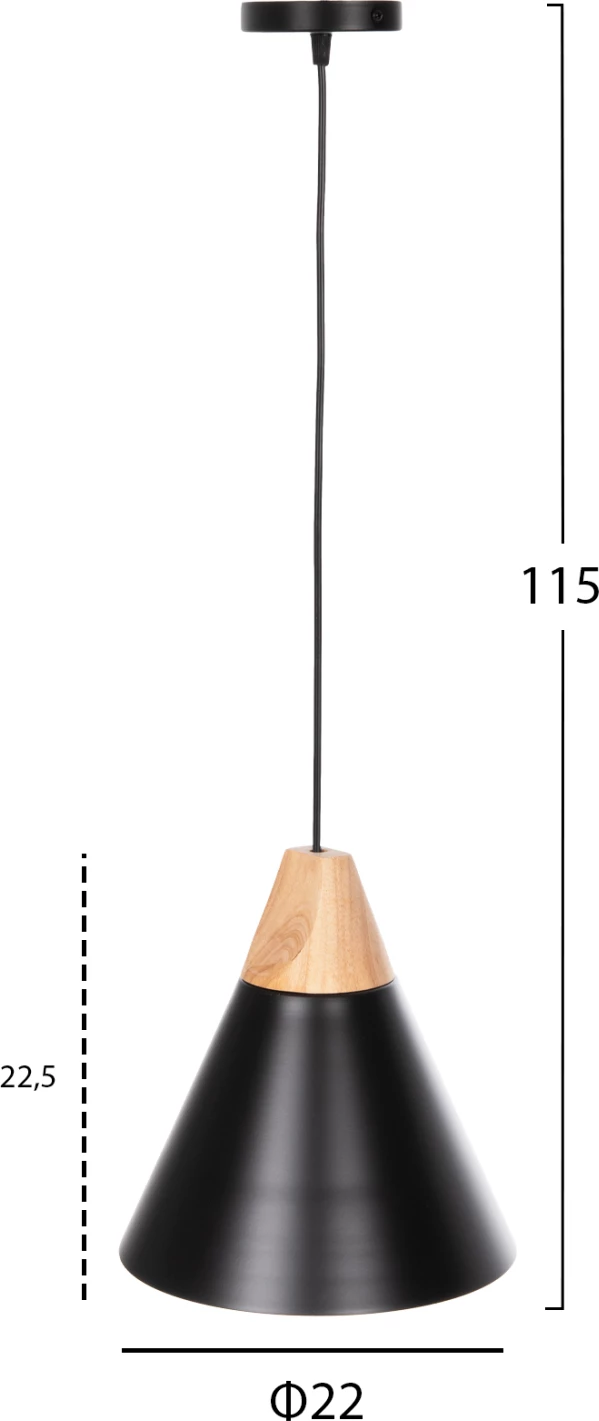 Llambë varëse tavani, kapak metali i zi, detaj druri, FH4148, Φ22x115H cm