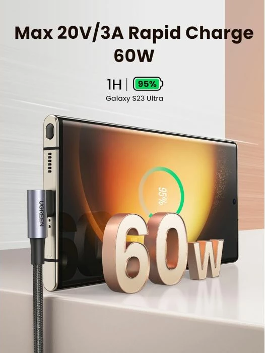 Kabllo USB-C në USB-C UGREEN 70529 60W 1m, këndore, e zezë