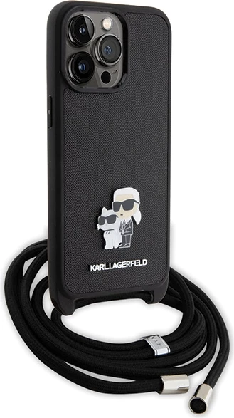 Mbështjellës Karl Lagerfeld Crossbody Saffiano Metal Pin Karl & Choupette për iPhone 15 Pro Max, i zi